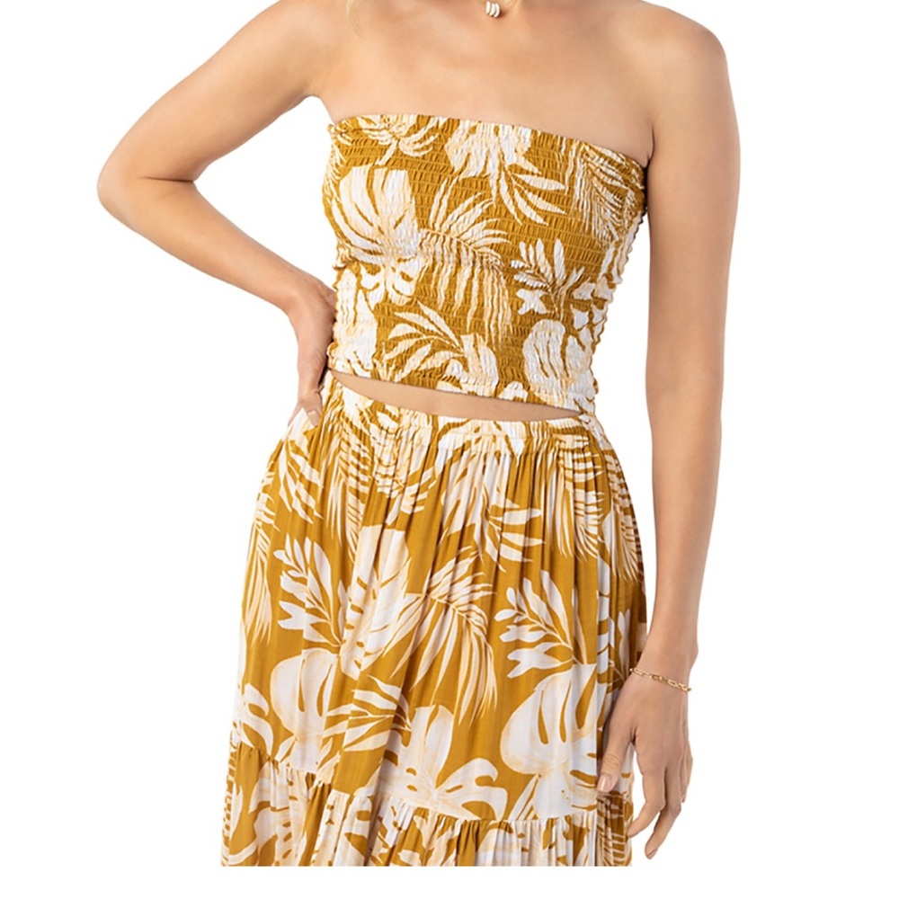Tiare Hawaii White & Mustard Floral Strapless Swim Coverup Set